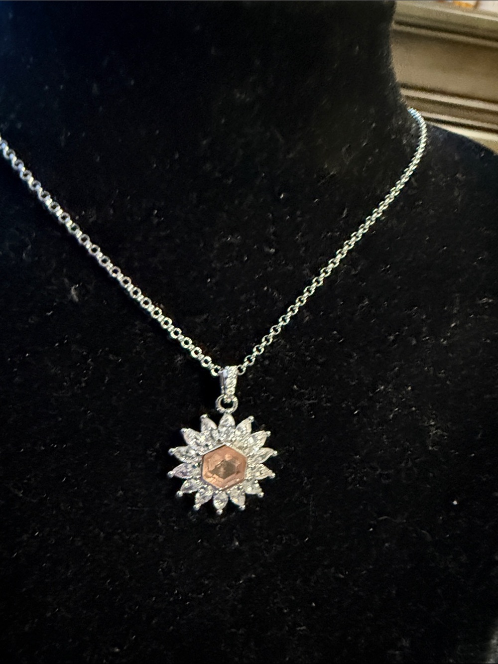 BP Sunburst peach Topaz Halo Pendant on rhodium plating. “glitz and glam”